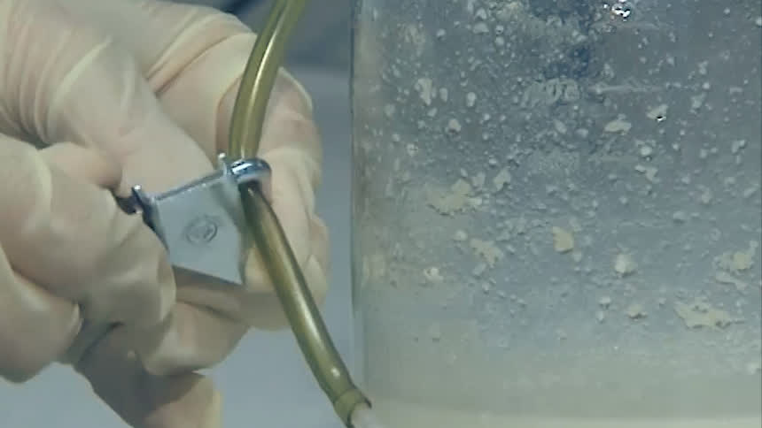 Behandschuhte Hand öffnet eine Schlauchklemme am Gasschlauch einer Gärflasche
